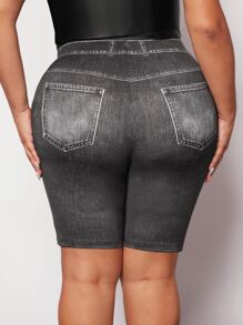 SHEIN SXY Plus Denim-Effect Print Cycling Shorts - Dark Grey - View 2