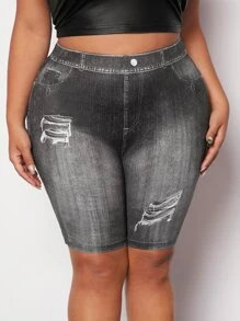 SHEIN SXY Plus Denim-Effect Print Cycling Shorts - Dark Grey - View 5