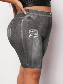 SHEIN SXY Plus Denim-Effect Print Cycling Shorts - Dark Grey - View 6