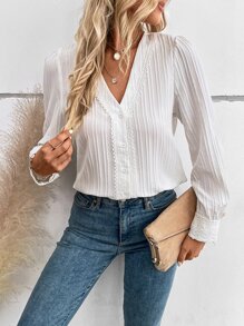 SHEIN Clasi Contrast Lace Puff Sleeve V Neck Blouse - White - View 3