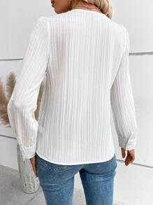 SHEIN Clasi Contrast Lace Puff Sleeve V Neck Blouse - White - View 2