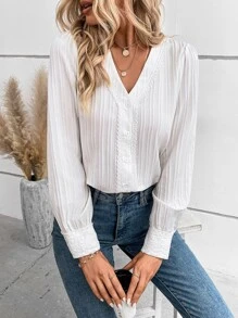 SHEIN Clasi Contrast Lace Puff Sleeve V Neck Blouse - White - View 4