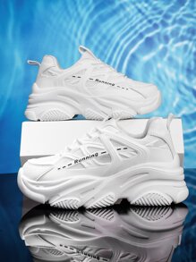 Men Letter Patch Decor Lace-up Front Chunky Sneakers - White - View 3