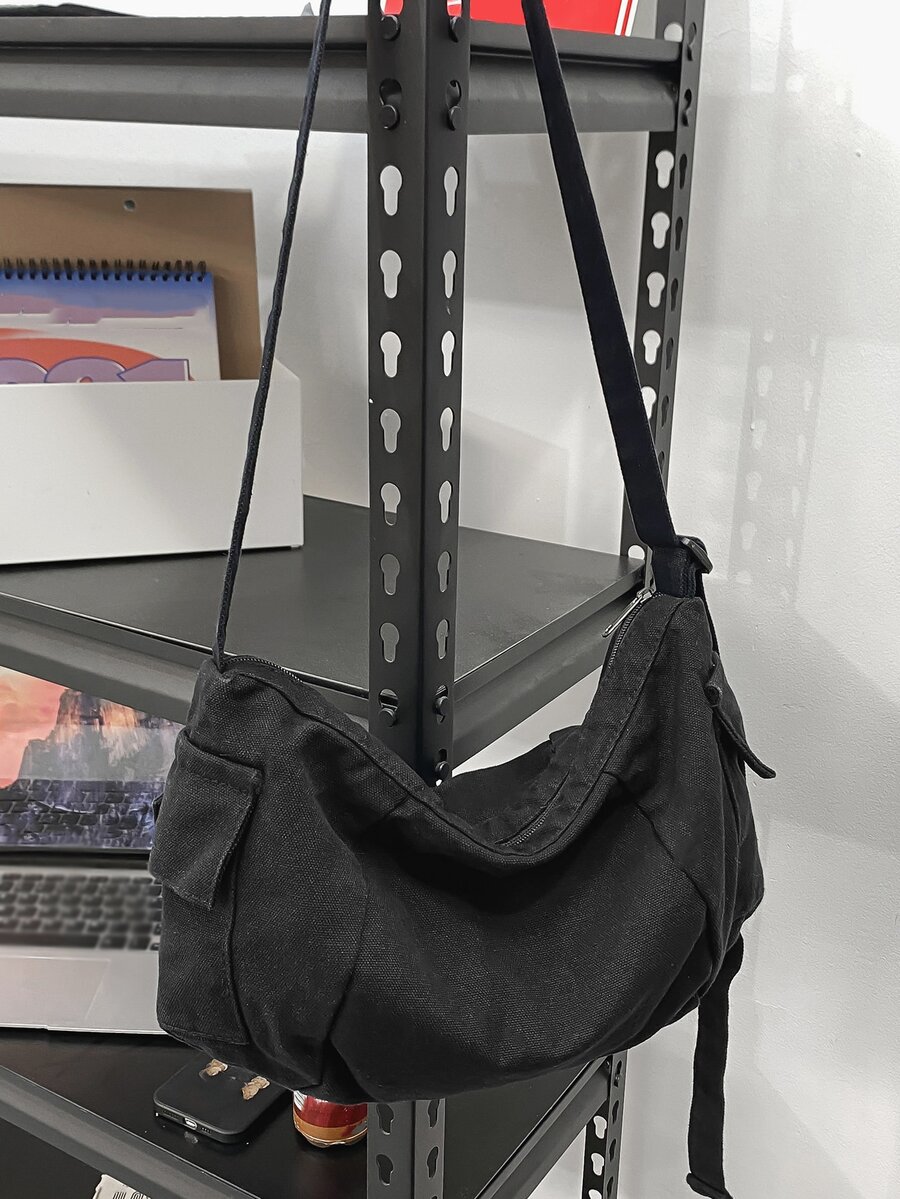 Men Minimalist Canvas Hobo Bag - Black - View 1