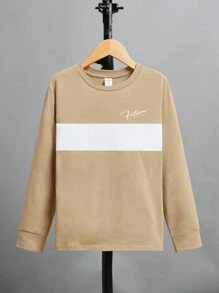 SHEIN Boys Colour Block Letter Graphic Tee - Khaki - View 1