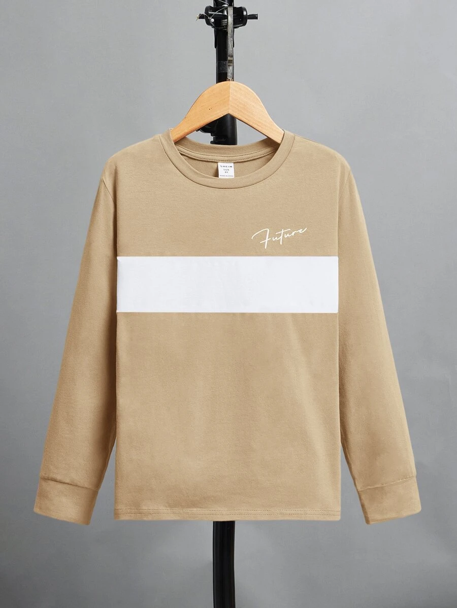 SHEIN Boys Colour Block Letter Graphic Tee - Khaki - View 1