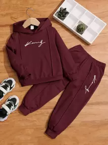 SHEIN 2pcs Young Boy Letter Print Thermal Lined Hoodie And Sweatpants Casual Set For Fall/Winter - Maroon - View 1