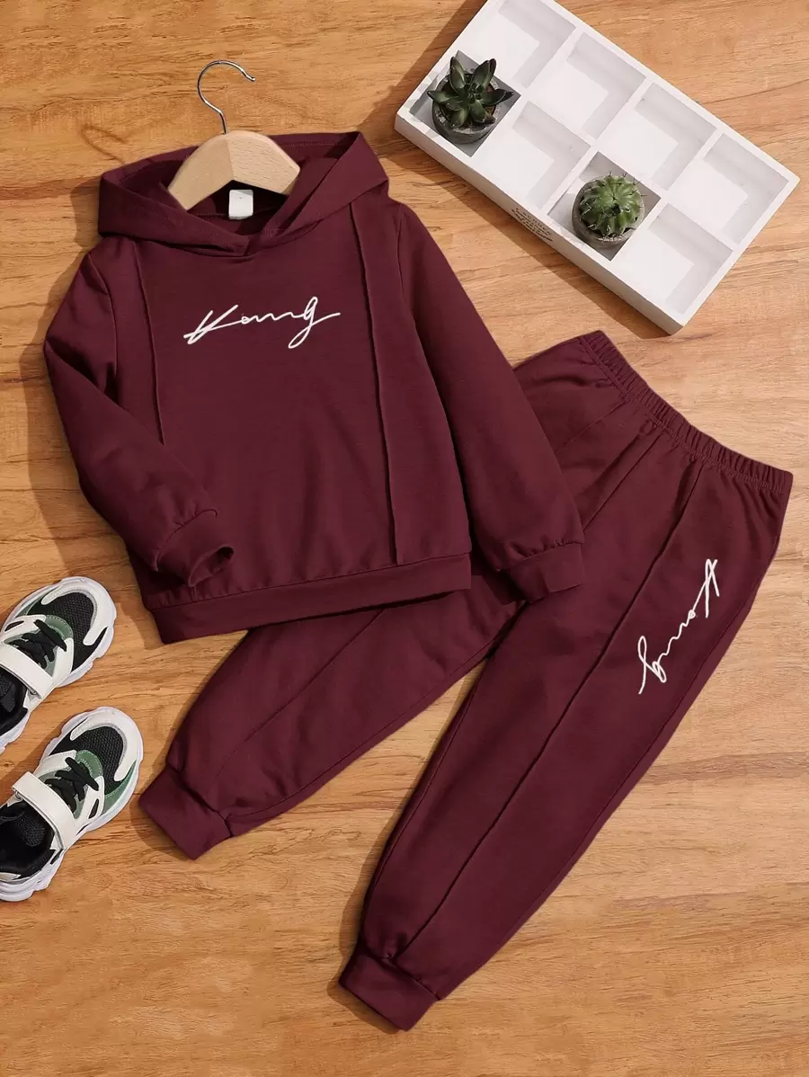 SHEIN 2pcs Young Boy Letter Print Thermal Lined Hoodie And Sweatpants Casual Set For Fall/Winter - Maroon - View 1