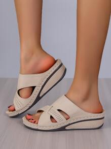 Women Beige Hollow Out Sandals, Fashionable Open Toe Flatform Shoes - Beige - View 1
