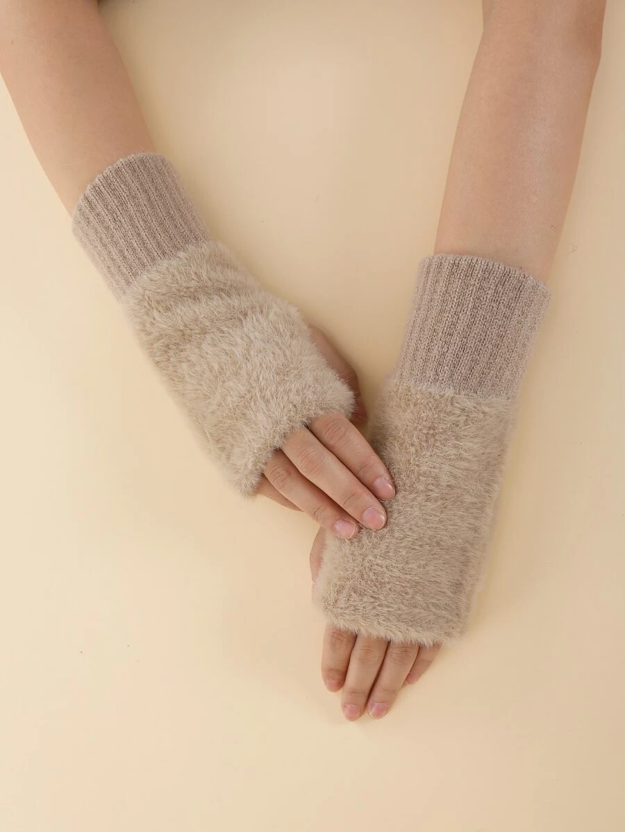 Guantes sin dedo en contraste mullido - Caqui - Ver 1