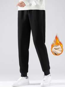 男士抽繩加絨內裏衛褲 - 黑色 - 查看 1