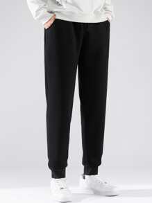 男士抽繩加絨內裏衛褲 - 黑色 - 查看 6