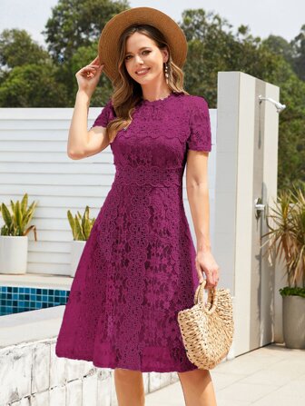 Vestido de novia elegante de cuello redondo, manga corta y falda de encaje para dama de honor, novia, fiesta de compromiso, fiesta de soltera, fiesta de cóctel, fiesta formal, baile de graduación