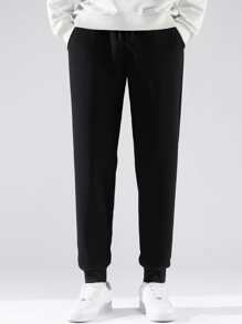 男士抽繩加絨內裏衛褲 - 黑色 - 查看 7