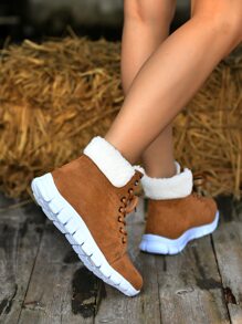 Letter Graphic Lace-up Front Thermal Lined Faux Suede Snow Boots - Brown - View 5