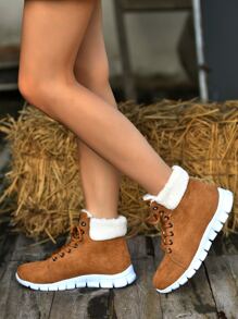 Letter Graphic Lace-up Front Thermal Lined Faux Suede Snow Boots - Brown - View 4