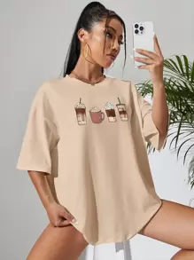 INAWLY Coffee Print Drop Shoulder Oversized Tee - Apricot - View 4