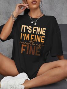 SHEIN EZwear Áo thun nữ Dây kéo Slogan Giải trí - màu đen - Xem 1