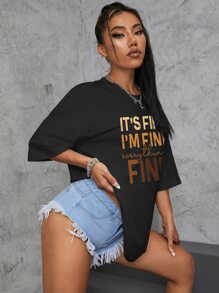 SHEIN EZwear Áo thun nữ Dây kéo Slogan Giải trí - màu đen - Xem 3