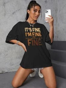 SHEIN EZwear Áo thun nữ Dây kéo Slogan Giải trí - màu đen - Xem 4