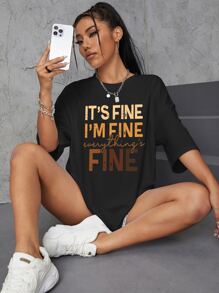 SHEIN EZwear Áo thun nữ Dây kéo Slogan Giải trí - màu đen - Xem 5