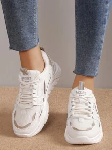Fall/Winter Sporty Running Shoes For Women, Colorblock Lace-Up Front Sneakers - Beige - View 1