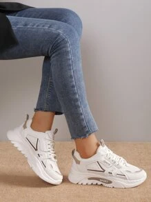 Fall/Winter Sporty Running Shoes For Women, Colorblock Lace-Up Front Sneakers - Beige - View 3