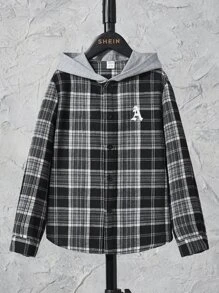 SHEIN 男孩格紋和字母圖案連帽襯衫不帶T恤