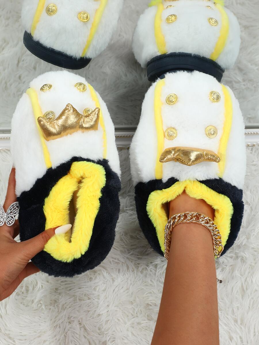 Crown & Studded Decor Fuzzy Novelty Slippers - Multicolor - View 1