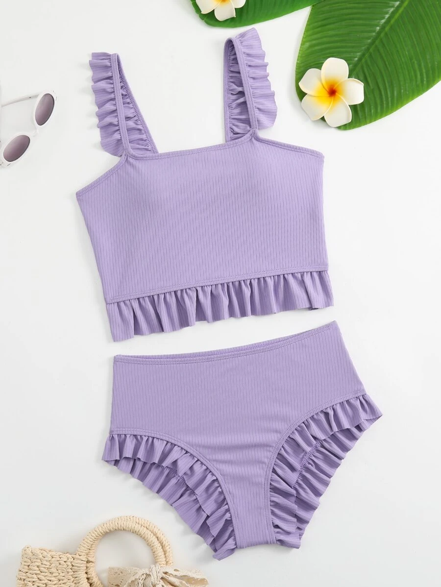 SHEIN Conjunto de bikini con volantes en el borde de las costillas para adolescentes, playa de verano - Púrpura malva - Ver 1