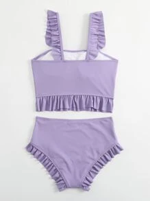 SHEIN Conjunto de bikini con volantes en el borde de las costillas para adolescentes, playa de verano - Púrpura malva - Ver 2