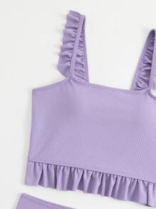 SHEIN Conjunto de bikini con volantes en el borde de las costillas para adolescentes, playa de verano - Púrpura malva - Ver 3