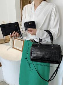 3 件套鳄鱼压纹挎包套装，母亲节礼物，送给妈妈的手提包，复古，简约鳄鱼纹，适合女性、新手和白领，适合教师礼物，适合女士礼品包，适合办公室、工作、商务、通勤、教师节 - 黑色 - 查看 4