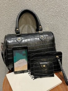 3 件套鳄鱼压纹挎包套装，母亲节礼物，送给妈妈的手提包，复古，简约鳄鱼纹，适合女性、新手和白领，适合教师礼物，适合女士礼品包，适合办公室、工作、商务、通勤、教师节 - 黑色 - 查看 5