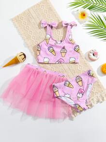 年轻女孩卡通图案蝴蝶结肩部比基尼套装与沙滩裙夏季海滩 - 粉色 - 查看 1