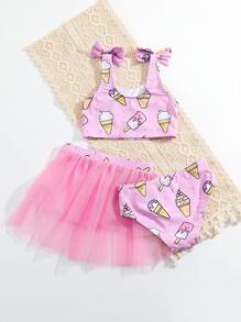 年轻女孩卡通图案蝴蝶结肩部比基尼套装与沙滩裙夏季海滩 - 粉色 - 查看 2