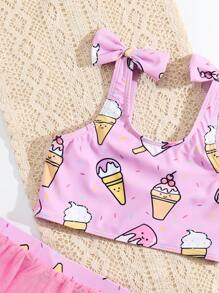 年轻女孩卡通图案蝴蝶结肩部比基尼套装与沙滩裙夏季海滩 - 粉色 - 查看 5