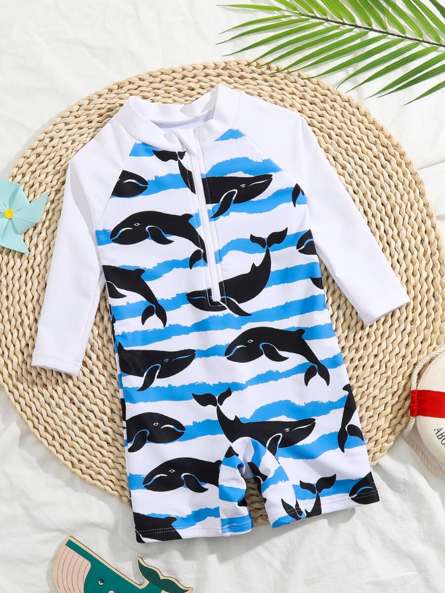 Baby Boy Random Cartoon Whale Print Zip Front One Piece Swimsuit - Blue and White - View 1