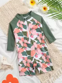 嬰幼兒女孩隨機花卉印花拉鍊前拉襟連肩套一體式泳裝 - 彩色 - 查看 1