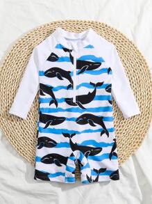 Baby Boy Random Cartoon Whale Print Zip Front One Piece Swimsuit - Blue and White - View 3