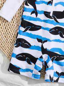 Baby Boy Random Cartoon Whale Print Zip Front One Piece Swimsuit - Blue and White - View 4