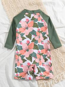 嬰幼兒女孩隨機花卉印花拉鍊前拉襟連肩套一體式泳裝 - 彩色 - 查看 2