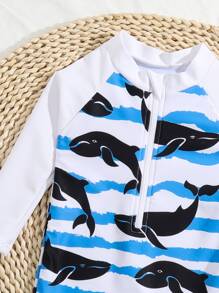 Baby Boy Random Cartoon Whale Print Zip Front One Piece Swimsuit - Blue and White - View 5