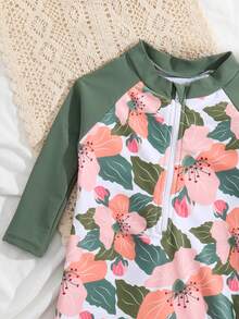 嬰幼兒女孩隨機花卉印花拉鍊前拉襟連肩套一體式泳裝 - 彩色 - 查看 5