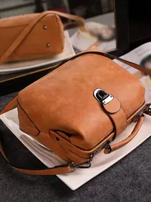 Metal Lock Top Handle Square Bag - Brown - View 2