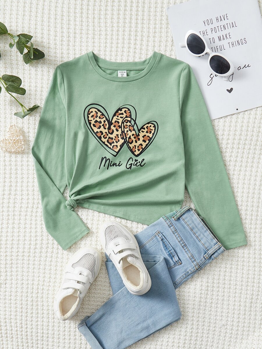 SHEIN 青少女休閒圓領愛心和字母圖案長袖T恤