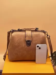 Metal Lock Top Handle Square Bag - Brown - View 4