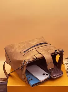 Metal Lock Top Handle Square Bag - Brown - View 5