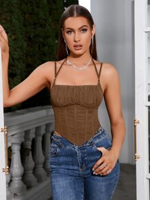 PARTHEA 胸部褶皺後拉鍊頭巾下擺網紗吊帶上衣 - 棕色 - 查看 1