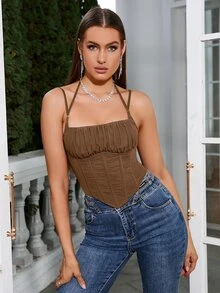 PARTHEA 胸部褶皺後拉鍊頭巾下擺網紗吊帶上衣 - 棕色 - 查看 7